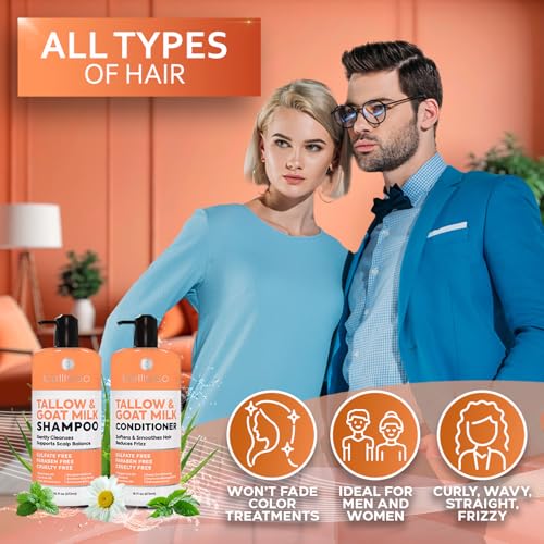 Beef Tallow Shampoo and Conditioner Set with Goat Milk - Sulfate Free Moisture for Women and Men - For Dry, Itchy Scalp - Hydrating, Thickening, Volume Care for Thinning Hair - 16.9 Fl Oz (Pack of 2)