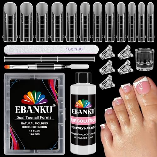 EBANKU Poly Gel Toenail Kit, Reusable Toe Dual Nail Forms with 2.5oz Slip Solution Poly Gel Nail Kit for Toe Nail Tips for Women with Double-end Brush, File, Clips, Liquid Container, 120PCS, 120 Sizes