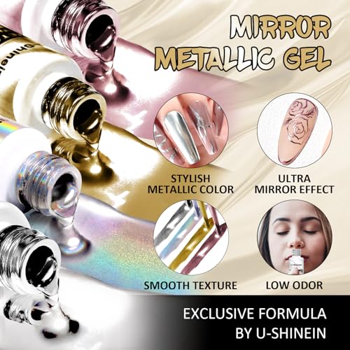 4x12ml Metallic Mirror Painting Liner Gel Polish Set, Mirror Chrome Holographic Laser Effect Painted Nail Polish, Metal Drawing Striper Gel Build in Thin Brush Nail Art Manicure Set
