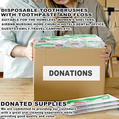 Disposable Toothbrushes with Toothpaste and Floss,50Pcs Green Single Use Individually Wrapped Disposable Travel Toothbrushes and Dental Floss Kit Bulk for Homeless,Airbnb,Hotel,Dentist