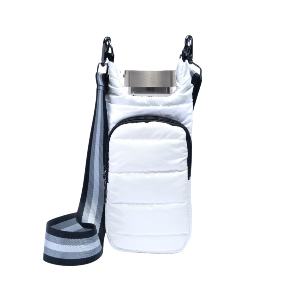 WanderFull Original Crossbody HydroBag | Quilted Water Bottle Carrier | Puffer Tote Tumbler Holder with Pockets for Phone & Accessories | Carry Travel Essentials (White Glossy/Interchangeable Strap)