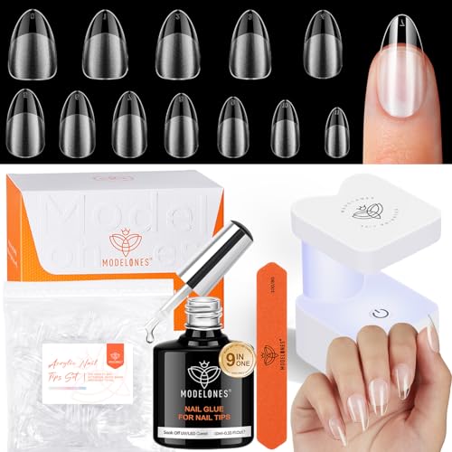 modelones Gel Nail Kit Short Almond Gel Nail Tips, 9-in-One Nail Glue with Portable U V Nail Lamp, 216Pcs 12Sizes Press On Acrylic False Nails Tip Nail Extension DIY Nails Art Gift for Women