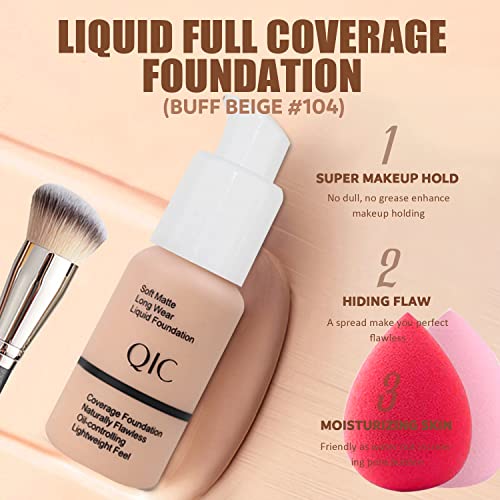 All in One Makeup Kit, Includes 12 Colors Naked Eyeshadow Palette, Beige Liquid Foundation, Lipstick Set, Eyebrow Soap, Eyeliner Stamp, Waterproof Mascara, Brush, Sponges