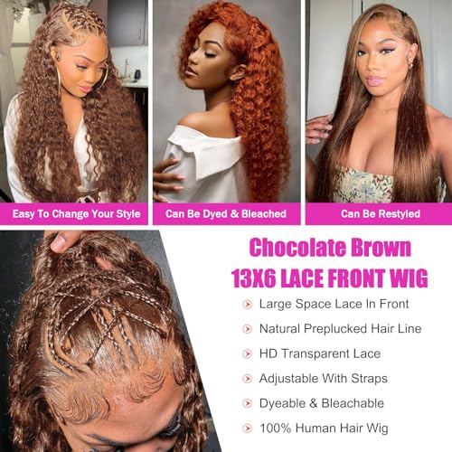 30Inch Chocolate Brown Deep Wave Lace Front Wigs Human Hair 200 Density 13x6 HD Lace Frontal Wigs Curly Human Hair Wig For Women Pre Plucked with Natural Hairline 4# Brown Color