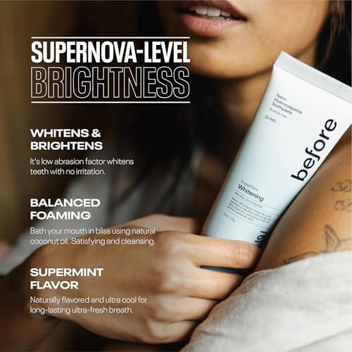 Before | Fluoride Free n-HA Whitening Toothpaste | Natural, Nano Hydroxyapatite Helps Strengthen Teeth & Remineralize Enamel for Oral Health, Lasting Mint Flavor, Made in The USA — 4.4oz