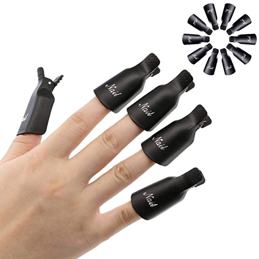Himo 10Pc Plastic Acrylic Nail Art Soak Off Cap Clip Uv Gel Polish Remover Wrap Tool (Black)