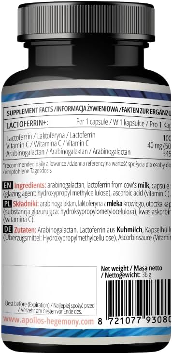 APOLLO'S HEGEMONY Lactoferrin+ 100 mg - with Vitamin C and Arabinogalactan - 60 Vegan Capsules - 2 Month Supply - for Enhanced Immunity and Iron Absorption