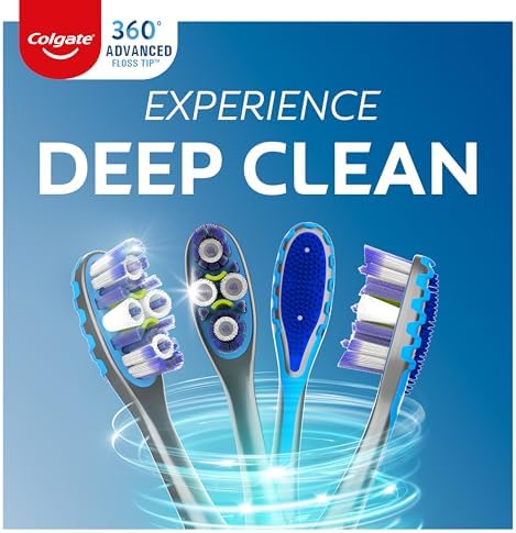 Colgate 360 Advanced Floss Tip Toothbrush, Soft Toothbrush for Adults, 4 Pack