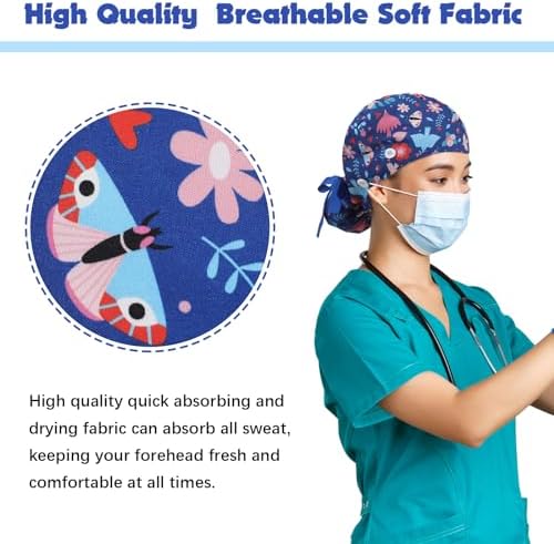 6 Pcs Scrub Caps for Women Doctor Nursing Hats with Buttons Adjustable Tie Back Working Cap Bouffant Scrub Hats for Women Men