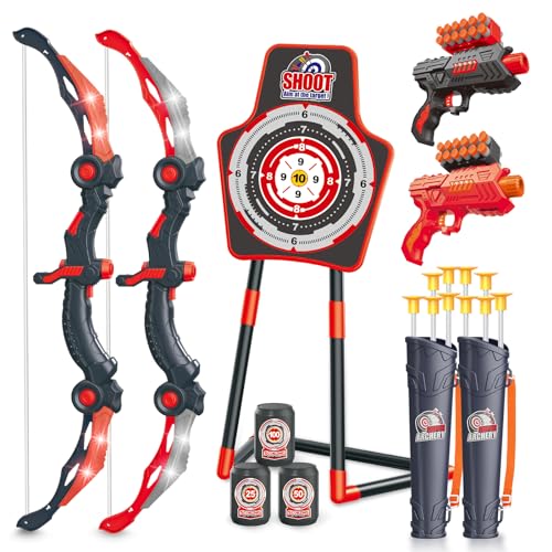 SpringFlower 2 Bow and Arrow Sets with LED Light-up,2 Foam Dart Guns for Kids 5 6 7 8 9 10+ Years Old, Archery Set with Standing Target for Boys & Girl, Ideal Gift