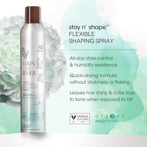 Bain de Terre Stay N' Shape Flexible Shaping Spray, Medium Hold & Shine, Heat & Humidity Protection with Argan & Monoi Oils, Paraben-Free, Color-Safe, Vegan, 9.1 Fl Oz