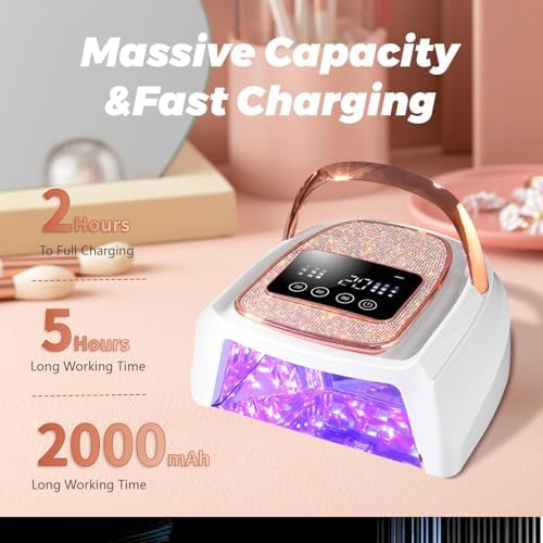 Cordless Rechargeable Nail Lamp 288W, Rechargeable UV Nail Dryer Gel Polish Curing Light with 4 Timers, Magnetic Metal Mirror Base, Continuous Use Up to 4-5 Hours