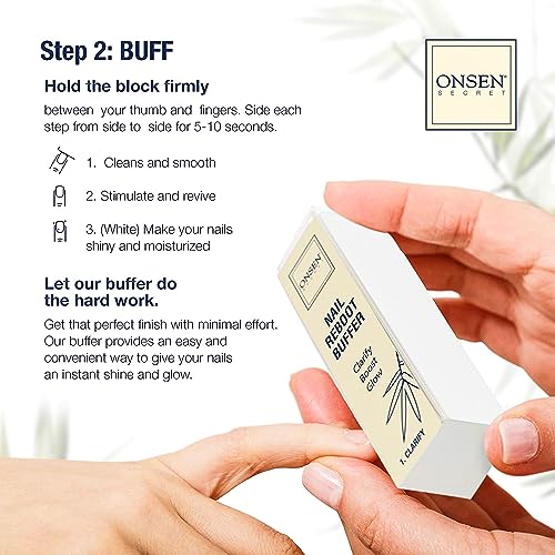 Onsen Secret Complete Nail Reboot Kit w/Nail Reboot Oil 10ml, Nail File 120/180 Grit Double Sided, A 3-Way Nail Buffer Block & Cuticle Serum-15ml w/Cuticle Oil in Action-Super Value Pack