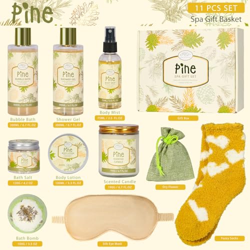 Birthday Gifts for Women, Bath Gift Baskets for Women, Get Well Soon Gifts, Pine Scented Relaxing Spa Care Package w/Bubble Bath, Bath Salt Spa Essential, Christmas, Valentine'S Day, Mothers Day