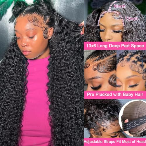30 Inch Deep Wave Lace Front Wigs Human Hair 200 Density 13x6 HD Lace Frontal Wigs Human Hair Pre Plucked Deep Curly Glueless Wigs Human Hair with Baby Hair Curly Wigs for Women Natural Color