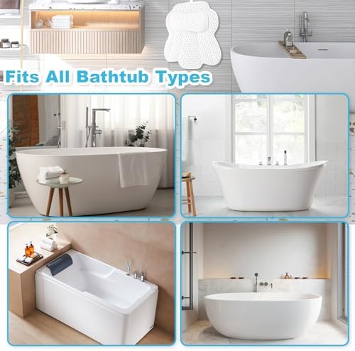 Bath Pillows for Tub, Bath Tub Pillow for Support Neck/Back/Shoulder, 6 Non-Slip Suction Cups & Hook & Soft 4D Air Mesh Fabric - Fits All Bathtubs Shapes
