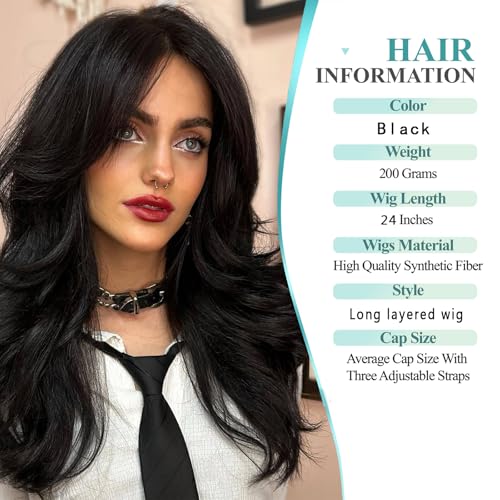 Aisaide Long Wavy Black Layered Wig with Curtain Bangs for Black Women,Synthetic Layered Long Wavy Wig Butterfly Haircut with Thin Hair for Women 24inch(1B)