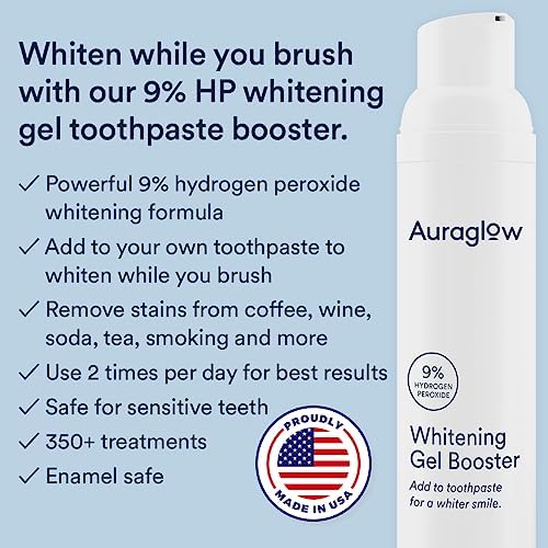 Auraglow Whitening Toothpaste Booster, Add to Toothpaste to Whiten, 9% Hydrogen Peroxide Teeth Whitening Gel Toothpaste, 350+ Whitening Treatments, 6-Month Supply, 2.6oz