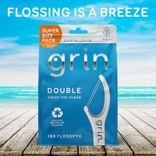 GRIN Double Flosspyx, Floss Picks, 150 ct, Dental Flossers, Minty Flavor, Recycled Plastic, 2 Lines of Strong Floss, Longer Floss Head, Traps Food and Plaque, Includes Safe Soft Fold-Back Tooth Pick