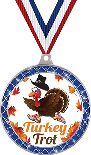 Turkey Trot Blue Trellis Medal Silver, 2.5" Turkey Trot Prizes, Kids Thanksgiving Trophy Medal Awards 5 Pack Prime