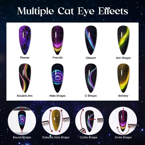 MIZHSE 8 Colors 9D Cat Eye Gel Nail Polish, Upgraded Magnetic Gel Polish Kit with Magnet Stick, Galaxy Chameleon Effect Silky Cat Eye Nail Polish Soak Off Nail Art Salon Manicure Home Ladies Gift