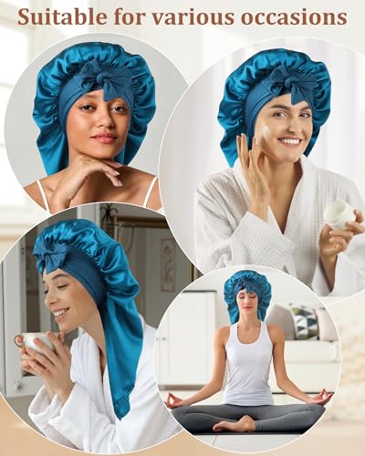 AWAYTR Long Silk Bonnet for Sleeping - 100% Mulberry Silk Bonnet for Women Long Hair Sleep Cap with Elastic Tie Band (Peacock Blue)