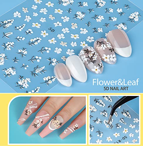 Teenitor 12 Sheets Nail Art Sticker Self-Adhesive, Flower Nail Stickers 5D Embossed Nail Decals, 5 Boxes Nail Glitter Sequins Flakes, Nail Art Design Tools Self Adhesive