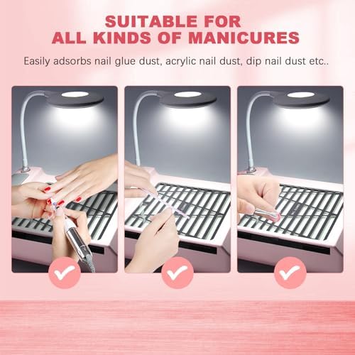 AONOLOVO Nail Dust Collector, Adjustable Suction, Professional Nail Fan Dust Collector with Light Manicure Dust Collector Nail Tech Vacuum Cleaner Machine for Acrylic Nails Removal, Pink