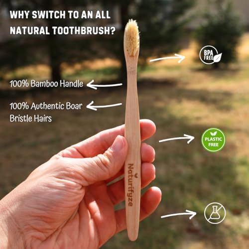 Boar Bristle & Bamboo Toothbrush (4 Pack) - Authentic Boar Bristles - Biodegradable - Plastic Free - Bamboo & Boar Bristle
