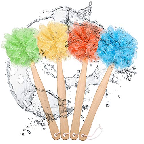 4 Pieces Loofah Back Scrubber Bath Sponge with Wooden Handle Long Handle Sponge Mesh on a Stick for Shower Exfoliating Bath Body Brush Luffa Back Brush for Women Men (Blue, Orange, Yellow, Green)