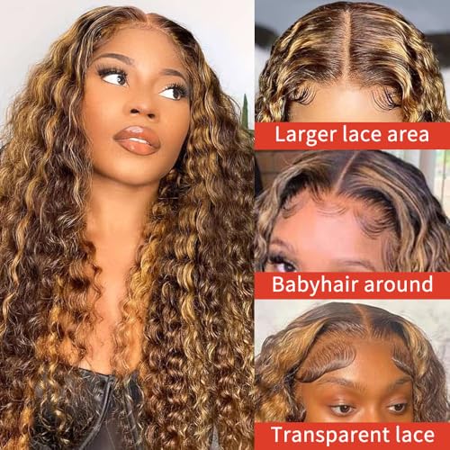 30inch Highlight Ombre Lace Front Wig Human Hair 13x6 HD Honey Blonde 4/27 Deep Wave Lace Front Wigs Human Hair 200 Density Glueless Wigs Human Hair Pre Plucked with Baby Hair