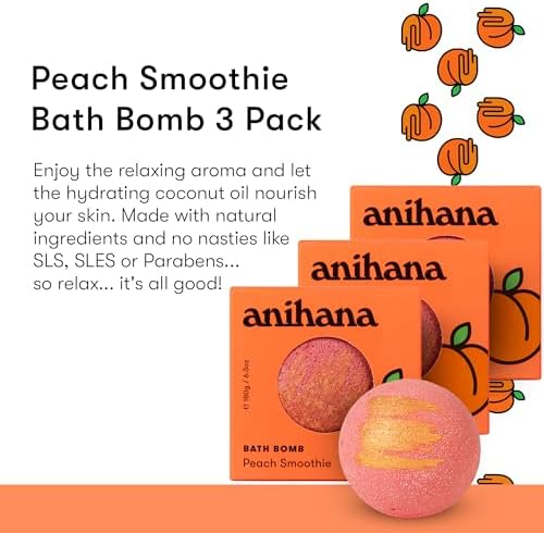 ANIHANA Bath Bombs with Coconut Oil, Paraben Free, Hand-Crafted Luxury Fizzers, Refreshing Peach Smoothie Scent, 6.3 oz Each, 3 Pack