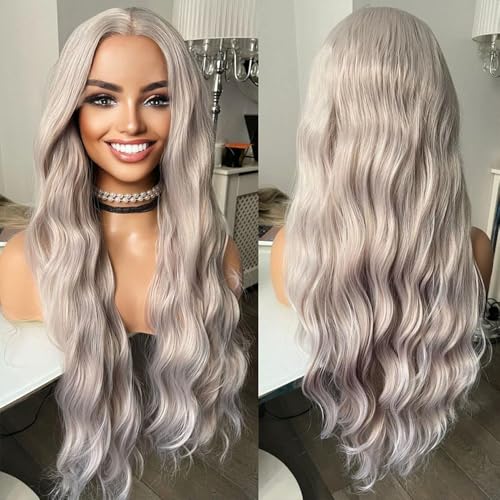 ELESTY Long Wavy Silver Grey Hair Synthetic Lace Front Wigs for Women Loose Curly Free Part Glueless Lace Wigs Gray Heat Resistant Fiber Pre Plucked Natural Hairline Water Wave Wigs Daily Party Use