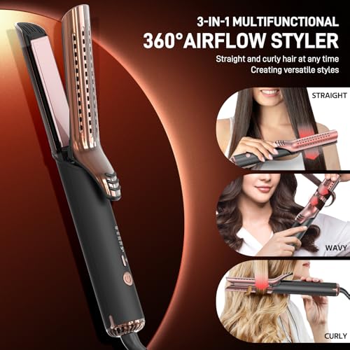 Dual-Voltage Curling Iron - 360° Airflow Styler Curling Iron 1 1/2 inch, Titanium Hair Straightener and Curler 2 in 1 for Women, for Lasting Curls, 4 Temps, Europe Travel 110V-240V