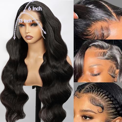 32 Inch Body Wave Lace Front Wigs Human Hair Pre Plucked With Bleached Knots 13x6 HD Lace Frontal Human Hair Wigs 200 Density Natural Color Human Hair Wig Glueless Wigs Human Hair