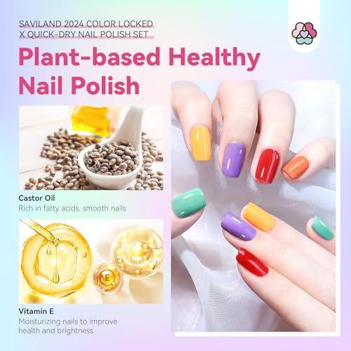SAVILAND Finger Nail Polish Set for Beginner: 12 Neon Colors Air Quick Dry Nail Polish Summer Glitter Nail Polish Kit Regular Fingernail Polish Non Gel with Base-Top Polish for Toe Manicure Nail Art