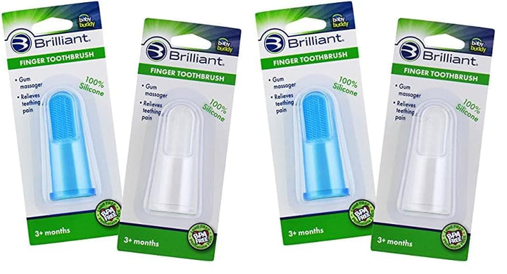 Brilliant Baby Finger Toothbrush - Silicone Gum Massager and Teether Brush for Infant and Toddler, 3 Months Old and Up, Gum and Tooth Cleaner, for Teething Relief- Oral Care, Blue/Clear, 2 (Pack of 2)