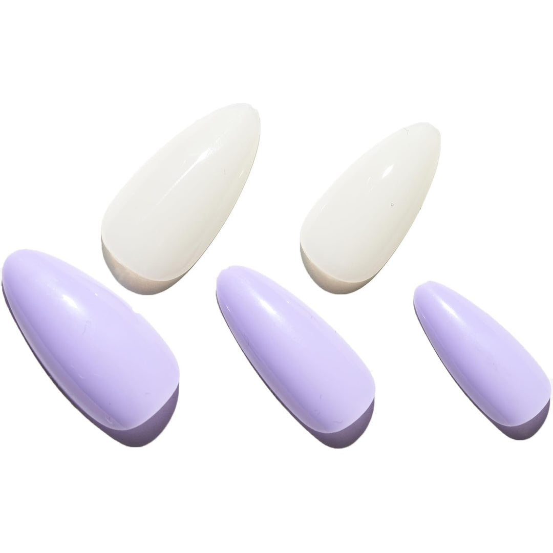 GLAMERMAID Press on Nails Medium Almond, Spring Summer Purple and White Gel Glue on Nail, 24Pcs Glossy Short Stiletto Reusable UV Finish Fake Nails Acrylic False Nails Manicure Kits for Women