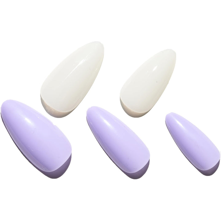 GLAMERMAID Press on Nails Medium Almond, Spring Summer Purple and White Gel Glue on Nail, 24Pcs Glossy Short Stiletto Reusable UV Finish Fake Nails Acrylic False Nails Manicure Kits for Women