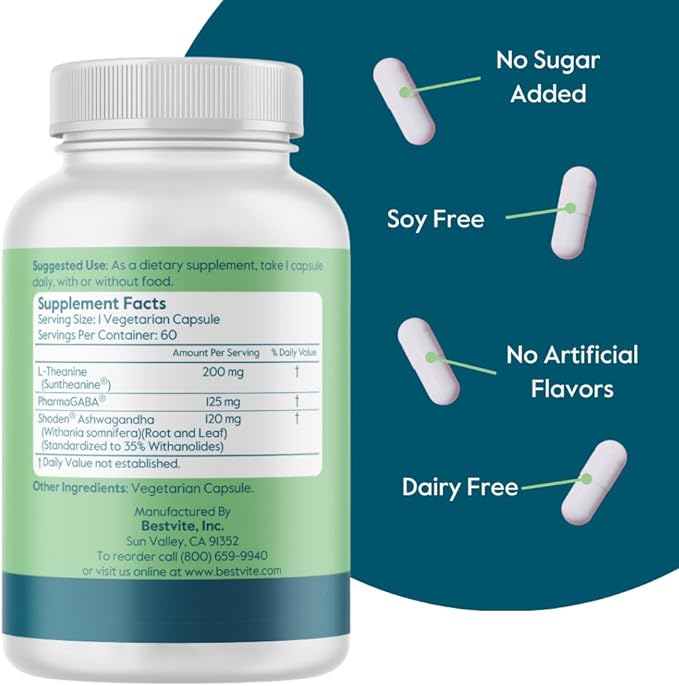 Calm AF (Advanced Formula) (60 Veggie Caps) - Clinically Studied Shoden Ashwagandha, Suntheanine L Theanine, PharmaGABA - No Stearates - Vegan - Non GMO - Gluten Free - Ashwagandha & GABA Supplements