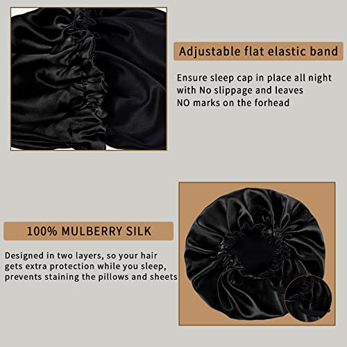 22 Momme 100% Mulberry Silk Bonnet Hair Wrap for Sleeping, Adjustable Silk Scrunchies Sleep Cap for Women Men Hair Care, Head Scarf Night Caps with Elastic Stay On Head, 1Pc(Black,Black)
