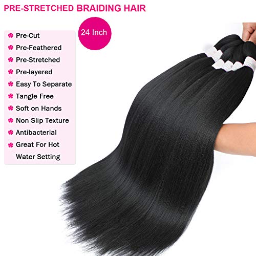 Pre Stretched Braiding Hair 8 Packs 24 Inch Professional Pre Stretched Crochet Hair For Human Braiding Or Twist Natural Black Yaki Perm Straight Synthetic Hair Extension For Women(24", 1B#)