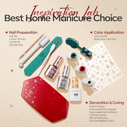Modelones 8 Colors Gel Nail Polish Kit with U V light, Green Cat Eye Red Gold Sparkle White Glitter Pink Complete Manicure Set Nail Strengthener Base Top Coat Chrome Powder Holiday Gift for Women