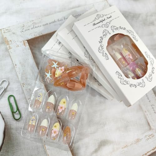 30Pcs Summer Press on Nails Almond Medium Fake Nails with 3D Flower Starfish Design Gold Bead Handmade Acrylic Nails French Tip Nails Artificial Nails Full Cover Glue on Nails for Women