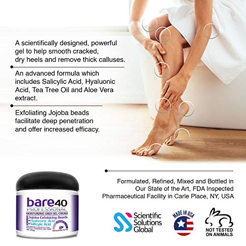 BARE 40 PRO, 40% Urea Gel w/ 2% Salicylic Acid and Hyaluronic Acid, Tea Tree Oil, Aloe Vera Extract, Jojoba Beads, 4oz Jar, Works on Corns, Calluses, Cracked Heels, Superior Hydration to Urea Creams