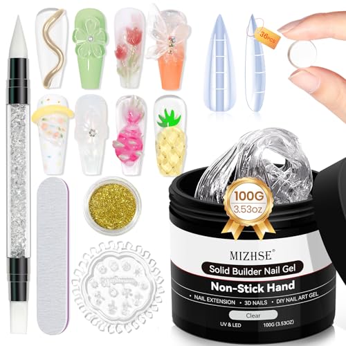 MIZHSE 100g Solid Builder Gel for Nails, Large Capacity Clear 3D Sculpting Gel for Nails, Non-sticky Hand Building Carving Modeling Hard Nail Extension with Silicone 3D Mold Nail Art Salon