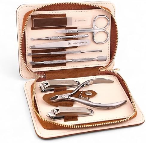9 in 1 Professional Manicure Pedicure Set - Stainless Steel Nail Clippers, Nano File, Cuticle Nipper, Scissors, Tweezers, Travel PU Leather Case for Men & Women - Gift Ready (Brown)