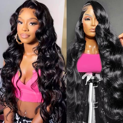 30 Inch Body Wave 13x6 HD Lace Front Wigs Human Hair 200 Density 12A 100% Virgin Frontal Wigs Human Hair 13x6 Body Wave Glueless Wig for Women Pre Plucked Bleached Knots with Baby Hair Natural Black