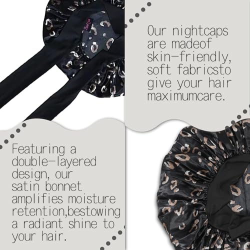 Black Bonnet Satin Silk Hair Bonnet With Tie Band for Sleeping Large Bonnets Hair Wrap with Adjustable Straps Hair Sleep Caps for Women Curly Braid Hair