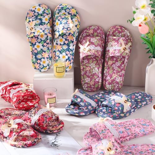 6 Pairs Floral Cotton House Slippers for Women Soft Open Toe Indoor Washable Portable Foldable Comfortable Hotel Travel Airplane Spa Guest Slippers